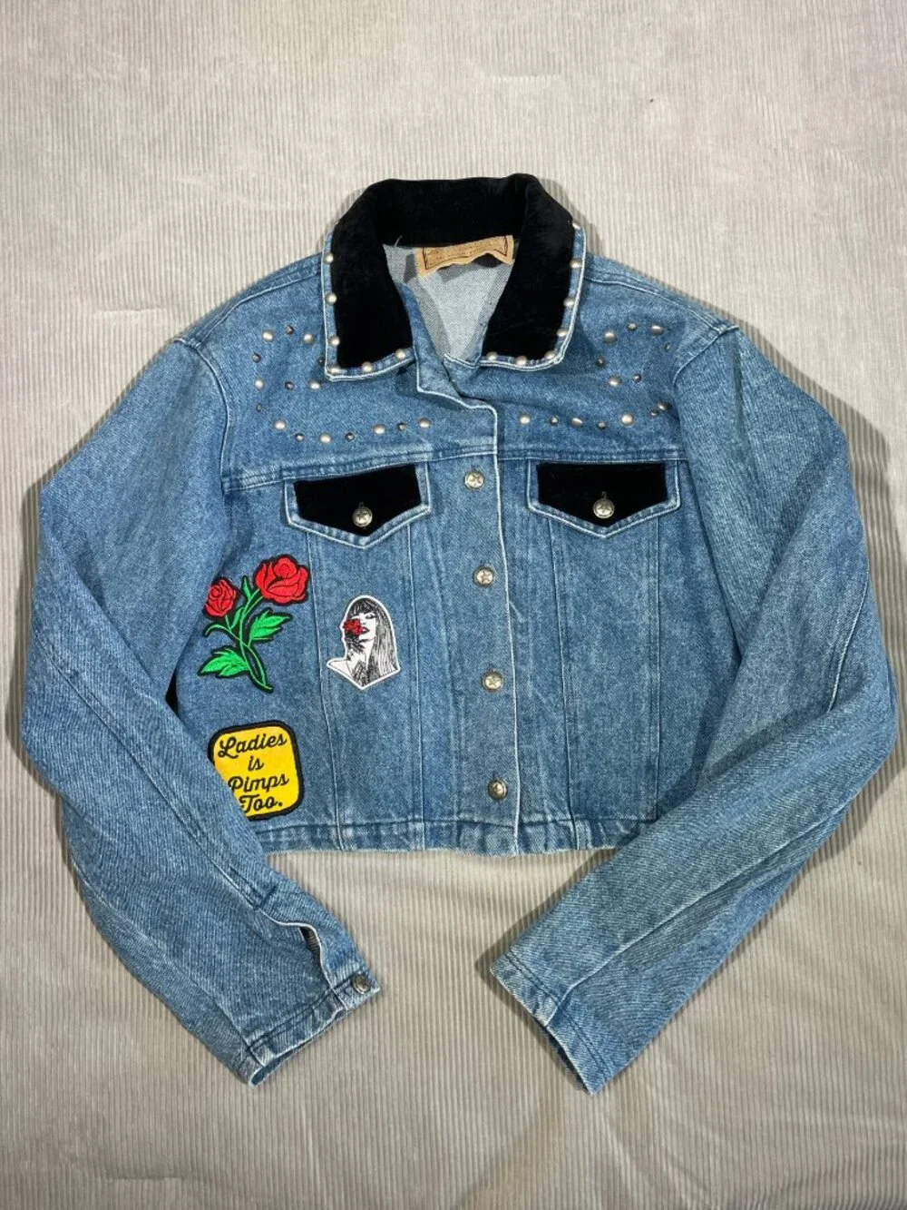 Vintage Saddle Ridge Boxy Denim Jacket Women's S Studded Patch Western Trucker
